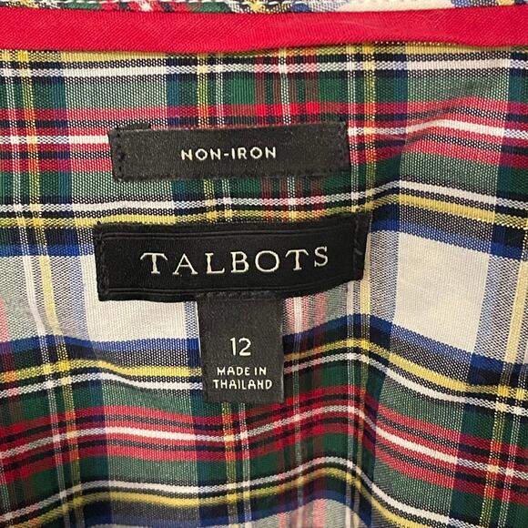 Talbots Holiday Plaid Button Shirt Metallic Gold Thread Size 12 Non-Iron - Picture 3 of 7